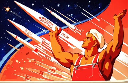 s-m, short hair, blonde hair, 1boy, hat, bare shoulders, standing, upper body, male focus, parted lips, sleeveless, indoors, arms up, from side, russian text, bare arms, profile, muscular, shadow, parody, looking up, pectorals, muscular male, stairs, arrow \(symbol\), light, overalls, very short hair, orange theme, monochrome, rocket, apron, male, star space, (throwing rocket, holding rocket, dynamic pose),
masterpiece, absurdres,
<lora:CCCPposter-NOOB-VPRED1.0-7:1>