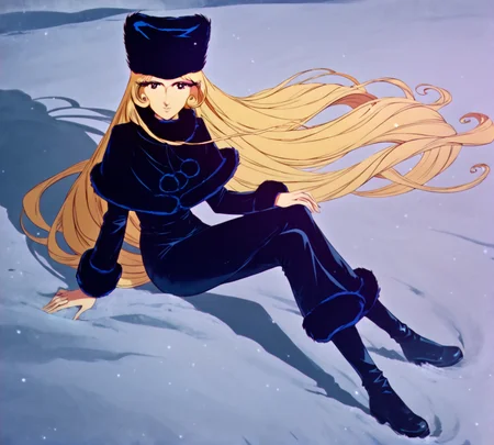 Maetel, retro style, 1980s, flat color, zPDXL, best quality, amazing quality, score 9, 1girl, black clothes, snow, fur hat, full body, looking at viewer, smile, <lora:Maetel:1>