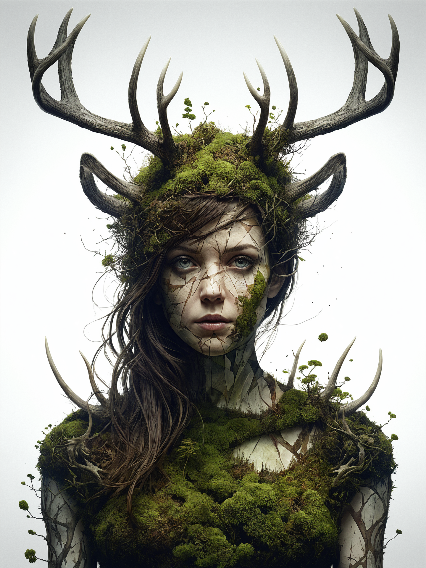 mysterious silhouette woman with antler and dress made out of moss, by Minjae Lee, Carne Griffiths, Emily Kell, Steve McCurry, Geoffroy Thoorens, Aaron Horkey, Jordan Grimmer, Greg Rutkowski, amazing depth, double exposure, surreal, geometric patterns, intricately detailed, bokeh,  perfect balanced, deep fine borders, artistic photorealism , smooth,  great masterwork by head of prompt engineering   <lora:add-detail-xl:2>  <lora:Double_Exposure:0.5>