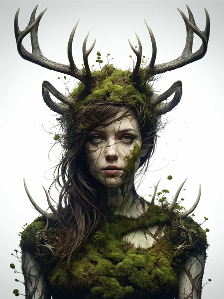 mysterious silhouette woman with antler and dress made out of moss, by Minjae Lee, Carne Griffiths, Emily Kell, Steve McCurry, Geoffroy Thoorens, Aaron Horkey, Jordan Grimmer, Greg Rutkowski, amazing depth, double exposure, surreal, geometric patterns, intricately detailed, bokeh,  perfect balanced, deep fine borders, artistic photorealism , smooth,  great masterwork by head of prompt engineering   <lora:add-detail-xl:2>  <lora:Double_Exposure:0.5>