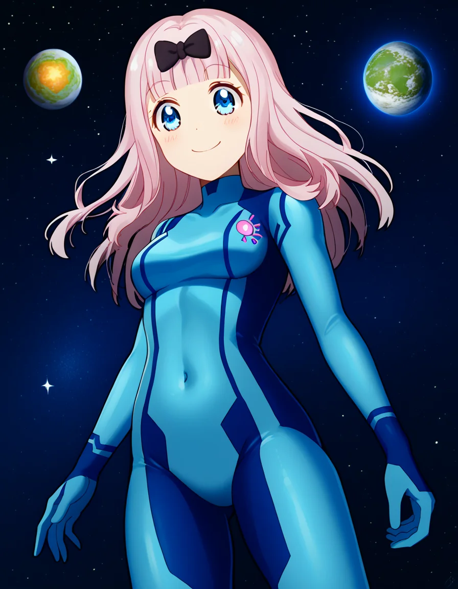 score_9, score_8_up, score_7_up, source_anime, chikafujiwara, <lora:chika-fujiwara-s3-ponyxl-lora-nochekaiser:1>, chika fujiwara, long hair, bangs, blue eyes, bow, pink hair, hair bow, blunt bangs, black bow,, <lora:samus-aran-cosplay-ponyxl-lora-nochekaiser:1>, samusarancosplay, samus aran \(cosplay\), blue bodysuit, bodysuit, covered navel, skin tight, zero suit,, space, planet, earth \(planet\), star \(sky\), galaxy, nebula, moon, blush, smile,, cowboy shot, dutch angle, solo,