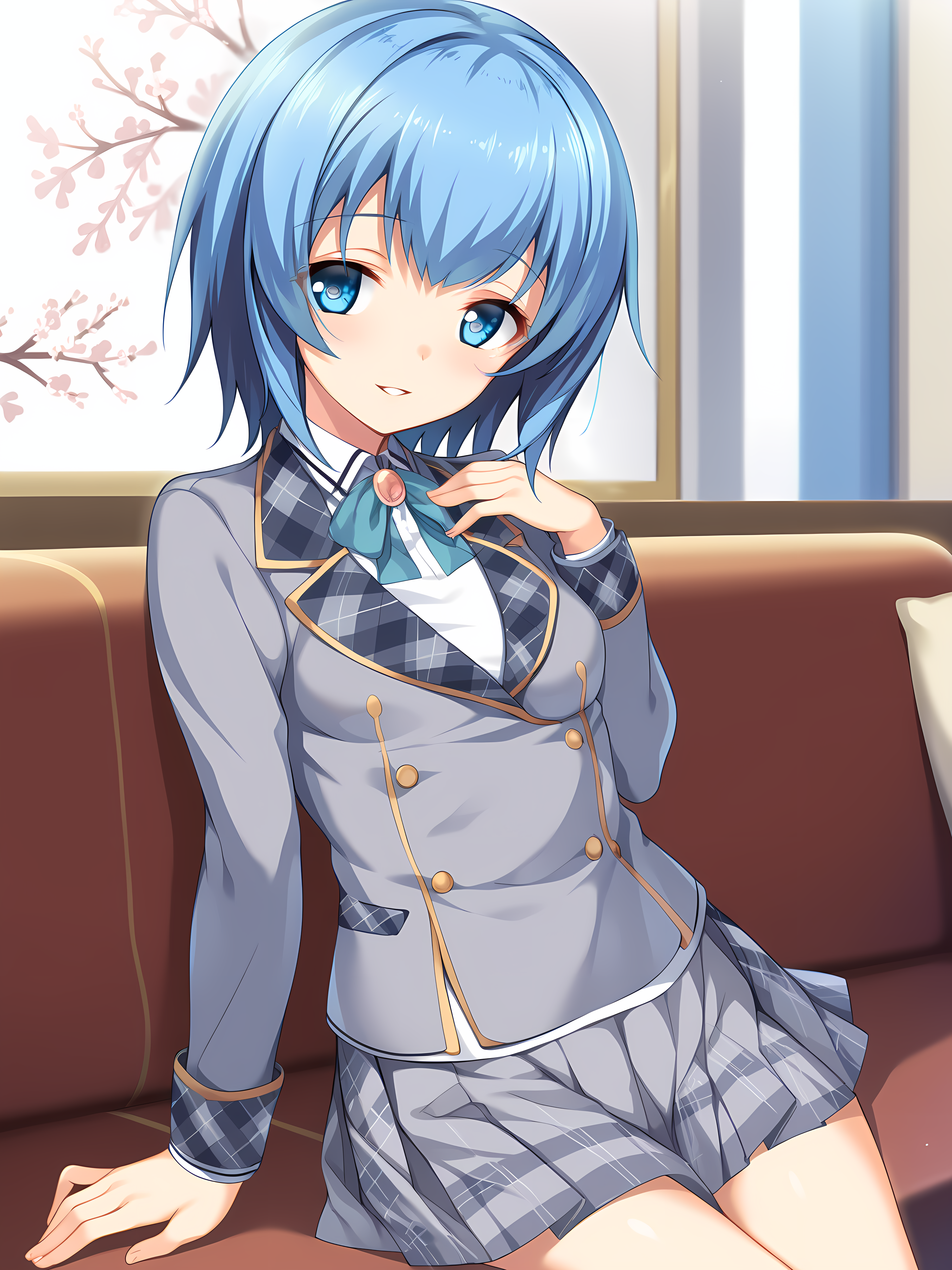 <lora:ESCUDE_-_Yamizome_Revenger_-_All_in_One:1>, escude, nao, naoschool, 1girl, solo, blue hair, blue eyes, skirt, school uniform, short hair, jacket, long sleeves, plaid, ribbon, grey skirt, bangs, pleated skirt, breasts, parted lips, shirt, blush, plaid skirt, small breasts, blazer, indoors, on couch, smile,, score_9, score_8_up, score_7_up,source_anime,(masterpiece),(best quality),(ultra-detailed),(best illustration),(best shadow),(absurdres),(detailed background),(very aesthetic),source_anime