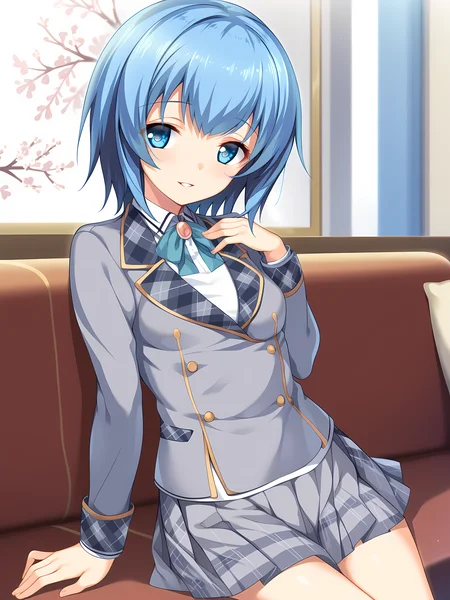 <lora:ESCUDE_-_Yamizome_Revenger_-_All_in_One:1>, escude, nao, naoschool, 1girl, solo, blue hair, blue eyes, skirt, school uniform, short hair, jacket, long sleeves, plaid, ribbon, grey skirt, bangs, pleated skirt, breasts, parted lips, shirt, blush, plaid skirt, small breasts, blazer, indoors, on couch, smile,, score_9, score_8_up, score_7_up,source_anime,(masterpiece),(best quality),(ultra-detailed),(best illustration),(best shadow),(absurdres),(detailed background),(very aesthetic),source_anime