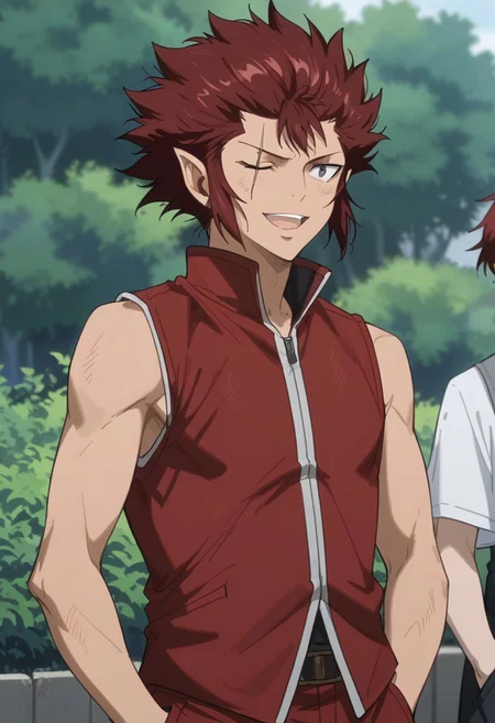 score_9, score_8_up, score_7_up, source_anime, rating_safe, ErikFT, red hair, Erik scar, 1boy, male focus, anime screencap, shirt, bare shoulders, vest, modern clothes, smiling, open mouth, looking at another, hands in pocket, solo focus, hands with five fingers, cropped legs, dutch angle, blurry outdoor garden, realistic shading,