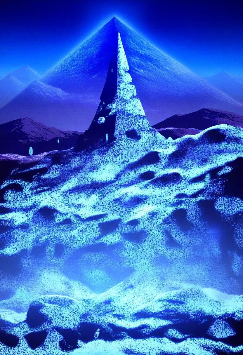 mountain, surreal, double exposure, dark and moody ,colored all seeing eye pyramid made of franglamex, covered with foam, soap bubbles, film grain, high quality, dramatic, poster, ruanyi0156