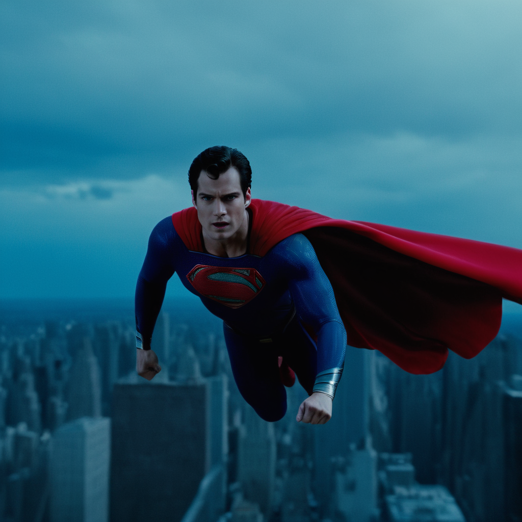cinematic film still of  <lora:Superman v2:1>
Kal-El, Kryptonian, Man of Steel, Superman a superman flying through the air with his cape extended,solo,looking at viewer,blue eyes,black hair,1boy,closed mouth,male focus,outdoors,sky,day,cloud,cape,bodysuit,muscular,ground vehicle,clenched hand,foreshortening,motor vehicle,red cape,car,punching,superhero,blue bodysuit, shallow depth of field, vignette, highly detailed, high budget, bokeh, cinemascope, moody, epic, gorgeous, film grain, grainy