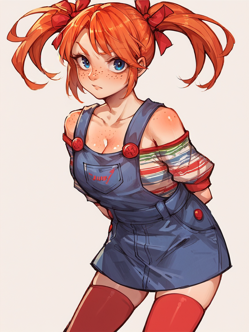 score_9, score_8_up, score_7_up, score_6_up, score_5_up,  <lora:FemChuckyXLP:0.8> femchucky, 1girl, solo, twintails, blue eyes, thighhighs, overalls, orange hair, freckles, large breasts, curvy,