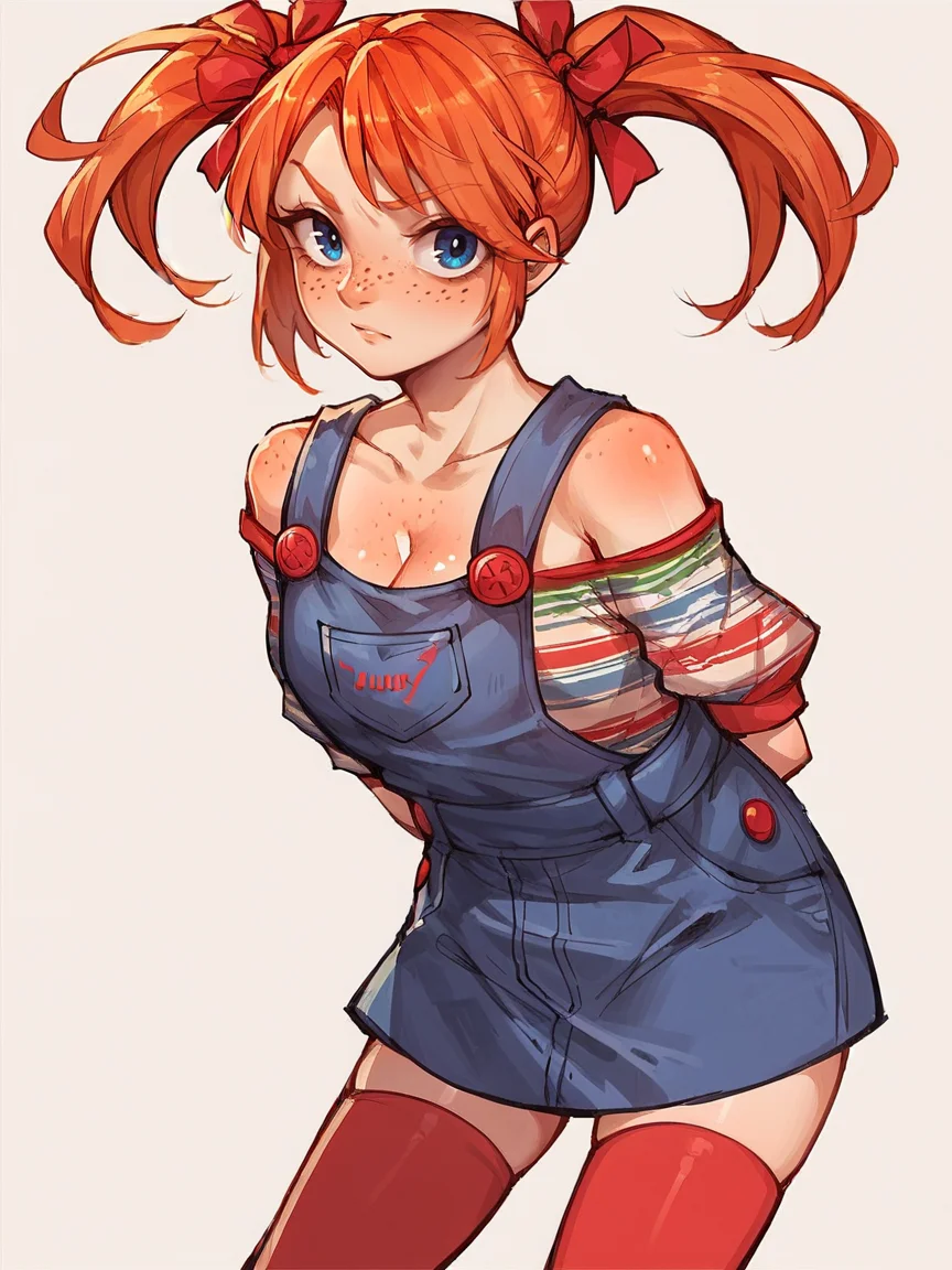 score_9, score_8_up, score_7_up, score_6_up, score_5_up, <lora:FemChuckyXLP:0.8> femchucky, 1girl, solo, twintails, blue eyes, thighhighs, overalls, orange hair, freckles, large breasts, curvy,
