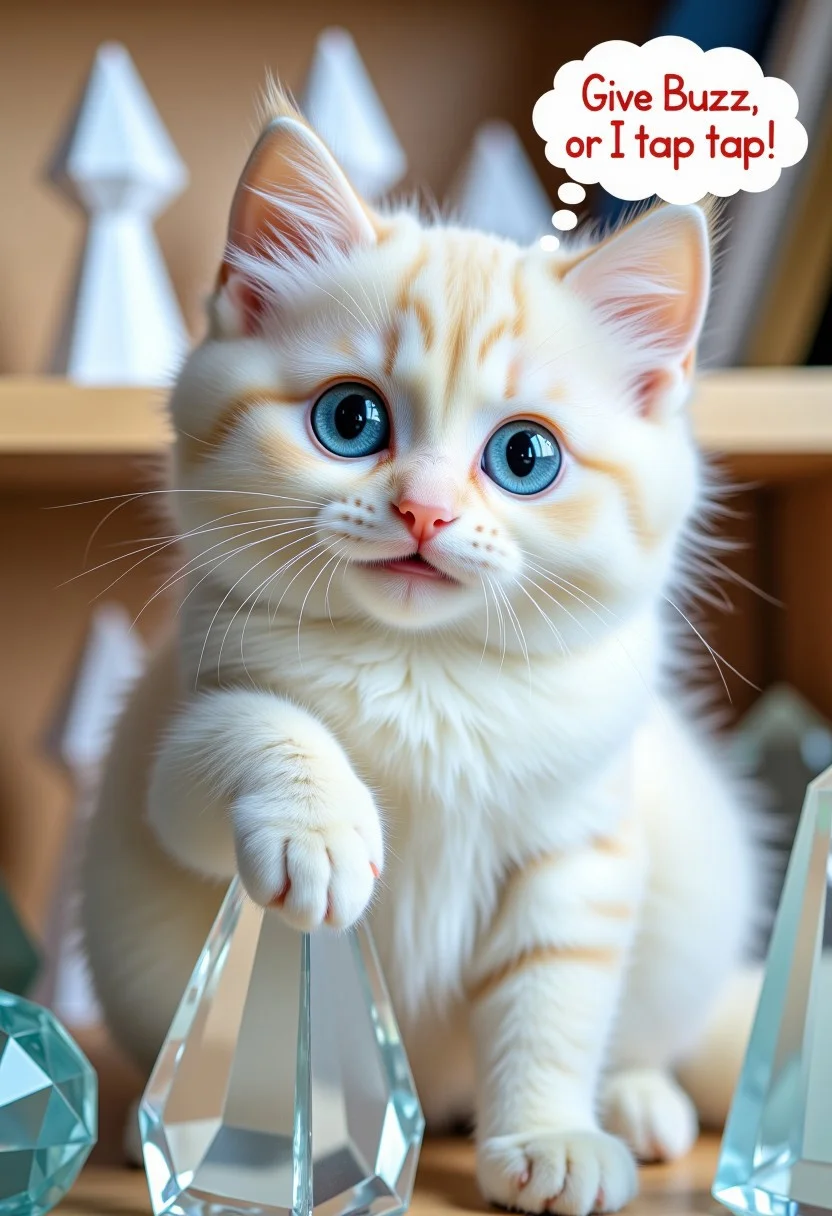 A beautiful white cat sitting on a shelf with crystal figurines, Paw resting against one of the figurines, Looking at viewer, (thought bubble with the words ("Give Buzz or I tap tap")), mischievous, playful, toothy grin, bright blue cat eyes, extreme detail, high res, HD,