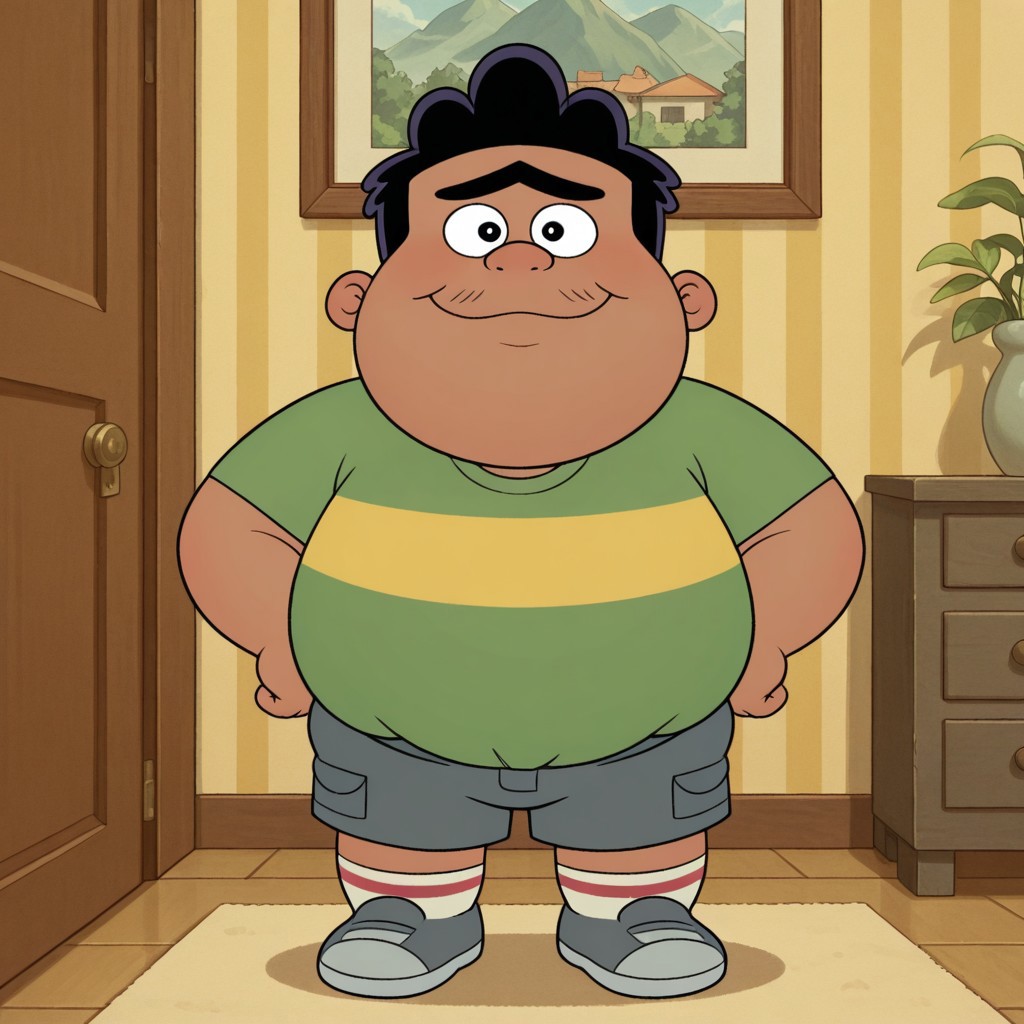 Masterpiece, dynamic, expressive, best quality, amazing quality, detailed, detailed background, detailed shading, solo, bignacho, unibrow, mustache hairs, black hair, male, solo, fat, plump, obese, tan skin, dark skin, green shirt with yellow stripes, grey shorts, socks, grey shoes, shirt tucked into shorts, standing, inside, looking at viewer, eye contact, happy, smiling, dynamic