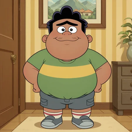 Masterpiece, dynamic, expressive, best quality, amazing quality, detailed, detailed background, detailed shading, solo, bignacho, unibrow, mustache hairs, black hair, male, solo, fat, plump, obese, tan skin, dark skin, green shirt with yellow stripes, grey shorts, socks, grey shoes, shirt tucked into shorts, standing, inside, looking at viewer, eye contact, happy, smiling, dynamic
