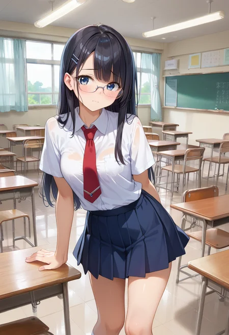 score_9, score_8_up, score_7_up, rating_safe, masterpiece, best quality, absurdres, unity 8k wallpaper, official art, official style, source_anime, uncensored, game cg, megami magazine,
1girl, solo, glasses, black hair, long hair, blue eyes, collared shirt, red necktie, pleated skirt, blue skirt, looking at viewer, blush, embarrassed,
kyoshitsu, classroom, chalkboard, indoors, scenery, school, school desk, school chair, ceiling, window, ceiling light, tiles, sunlight, tile floor, speaker,
<lora:gakkou_kyoshitsu_PONY_V1:1>