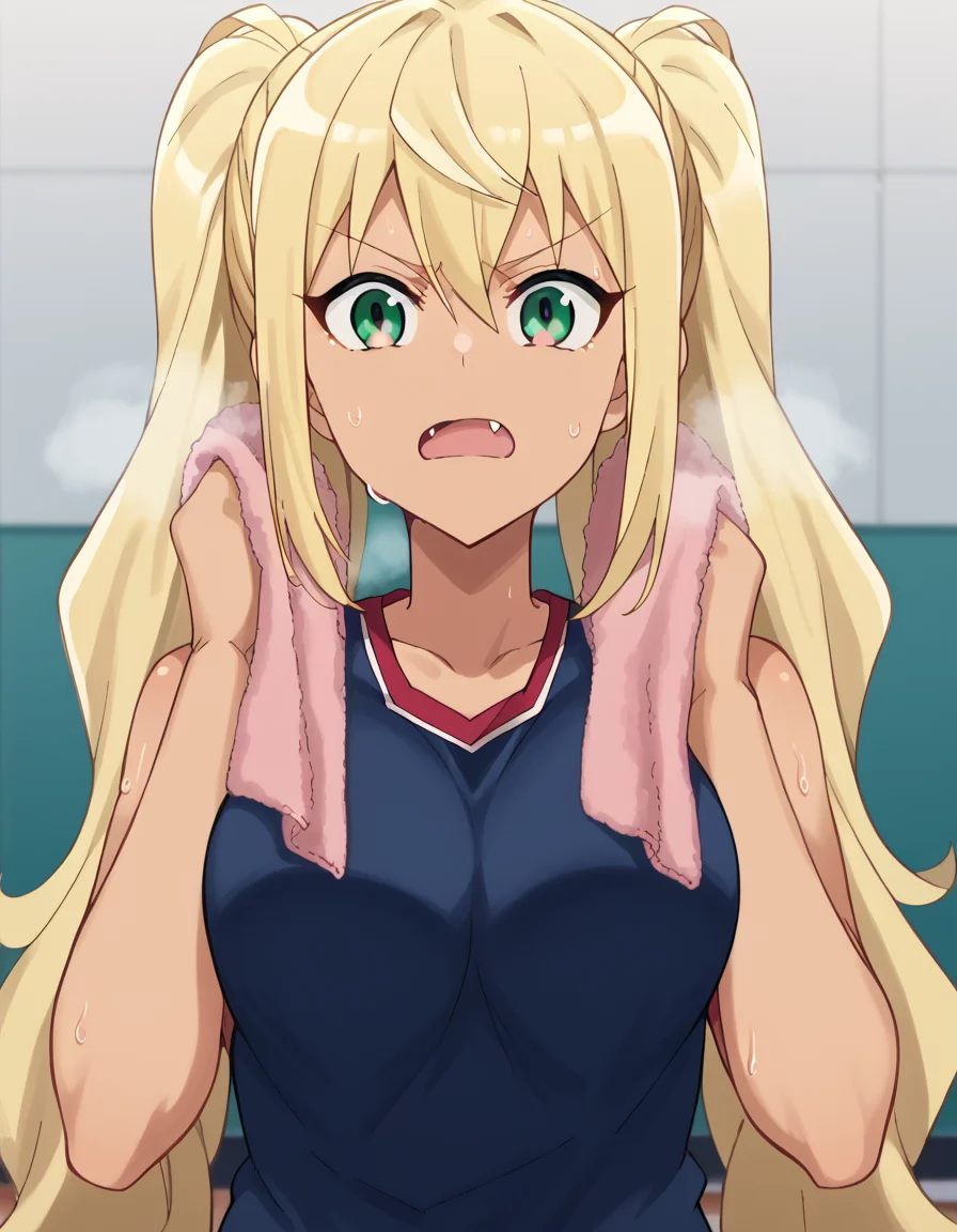 score_9, score_8_up, score_7_up, source_anime, <lora:hibiki-sakura-s1-ponyxl-lora-nochekaiser:1> hibiki sakura, long hair, blonde hair, hair between eyes, twintails, green eyes, fang, dark skin, dark-skinned female, gyaru, mature female, large breasts, <lora:basketball-uniform-ponyxl-lora-nochekaiser:1> basketball uniform, basketball jersery, sportswear, jersey, shorts, sleeveless,, audience, gym, sweat, open mouth, steam, <lora:wiping-towel-ponyxl-lora-nochekaiser:1> wiping sweat, towel, holding, sweat, holding towel, looking at viewer, open mouth,, cowboy shot,
