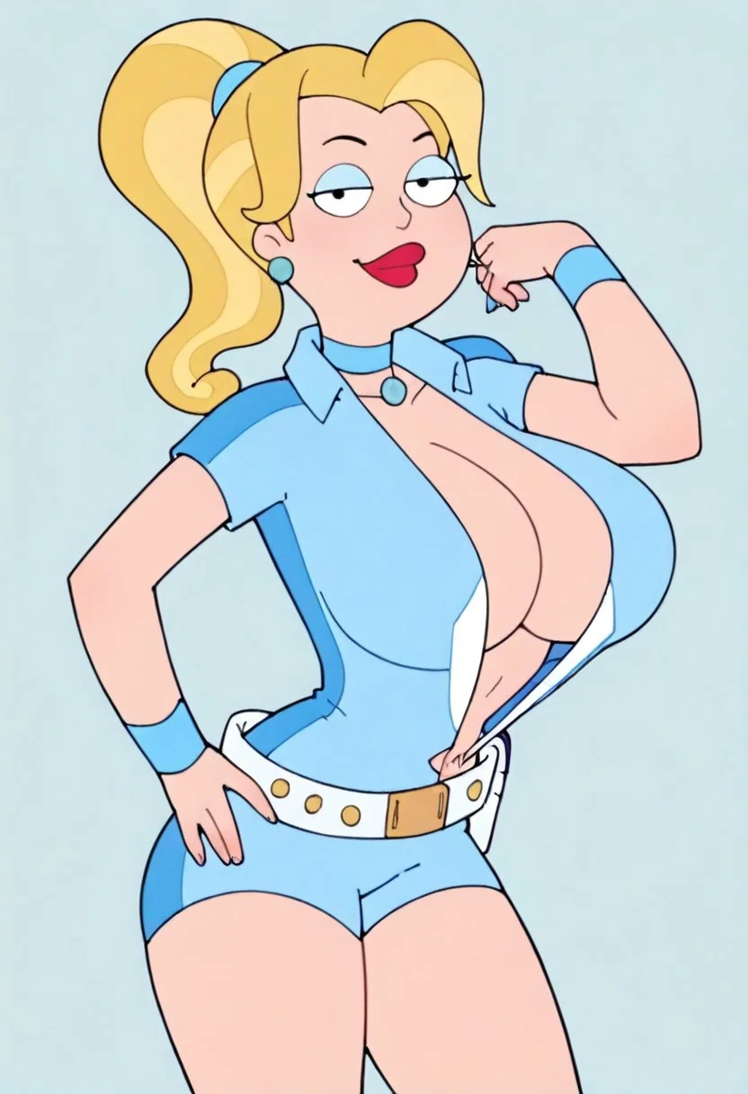 score_9, score_8_up, score_7_up, score_6_up, high quality, rounded eyes, half eyes, style parody, cartoon style, upper body,
Sexpun_TCome_Francine, 1girl, solo, blonde hair, ponytail, lightblue eyeshadow, black eyeliner, red lipstick, makeup, huge breasts, choker, cleavage, light blue wrist hoop, white belt with golden buttons, navel, bodysuit, light blue short jumpsuit, skin tight, exposed belly, plunging neckline, short sleeve, sexy stocking, light blue high heels, flat color, looking at viewer,hand on hip, cowboy shot,simple background,
masterpiece,best quality,amazing quality,very aesthetic,absurdres,newest