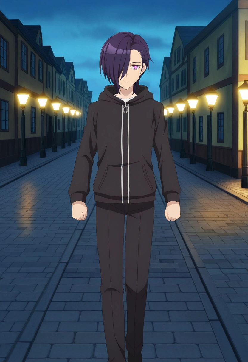 masterpiece, best quality, , anime screencap, , official style, looking at viewer, 1boy, solo, male focus, <lora:hanzou_urushihara_ilxl:0.9>, hanzou_urushihara, purple hair, purple eyes, hair over one eye, short hair, , , victorian street, horse-drawn carriages, cobblestone roads, glowing lampposts, walking pose, thoughtful expression, foggy evening, thief costume