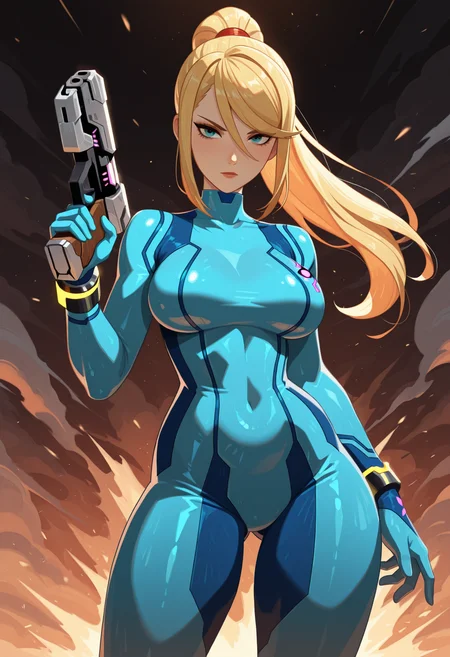 masterpiece, best quality, amazing quality,,<lora:afkJourneyIllustrious:1> afkJourneyStyle,
samus aran, zero suit, holding gun, cowboy shot,