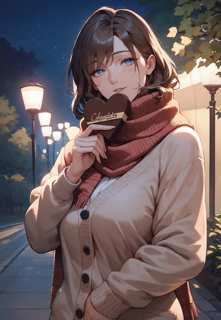 score_9, score_8_up, score_7_up, score_6_up, 1girl, solo, blue eyes, dark brown hair, mature female, scarf, bangs, heart shaped chocolate box, holding, cardigan, indoors, outdoors, looking at viewer, night, scattered light, park at night,