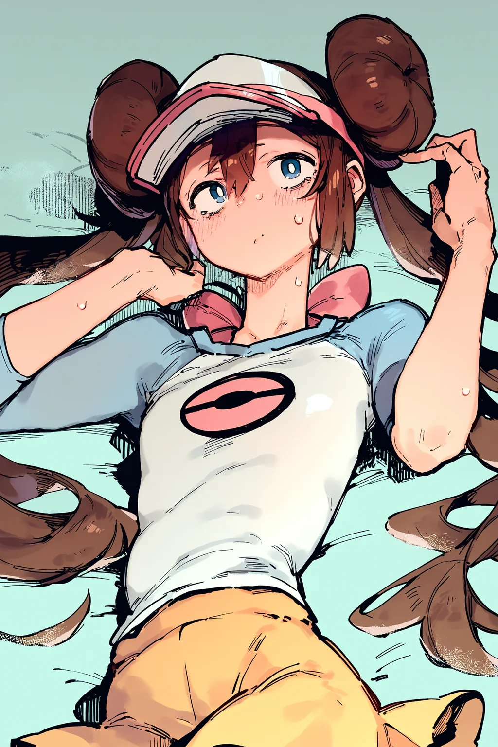 score_9, score_8_up, score_7_up, rosa_\(pokemon\), brown hair ,, solo, solo focus, portrait, sepia background, Lying down with one leg bent, hands behind the head, <lora:karasu_raven:1.3>âââ