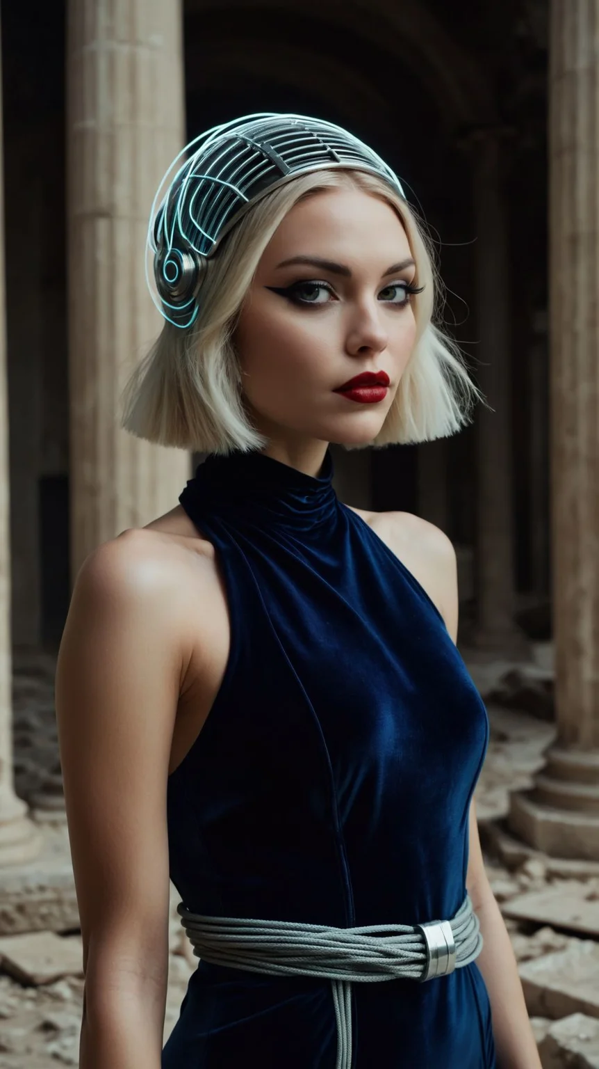 high fashion photo by Marta Bevacqua,
latin blonde woman, thick eyeliner, lipstick, retro-futuristic velvet halter space soldier suit styled by Salvatori Ferragamo, technology, wires|cables, armor, headdress,
in ancient alien ruins,
full body shot, from above, attitude, DOF, selective focus
<lora:add-detail-xl:1>
<lora:fix_hands:1>