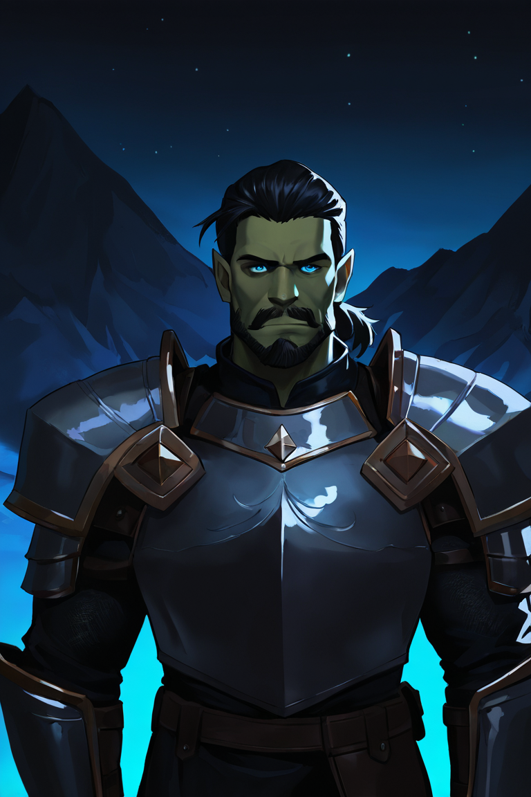 masterpiece, best quality, highres, newest, low light, dark, 1boy, solo, male focus, mature male, orc, colored skin, green skin, tusks, blue eyes, medium hair, black hair, hair slicked back, ponytail, facial hair, beard, mustache, looking at viewer, full armor, shoulder armor, breastplate, pauldrons, upper body, closed mouth, standing, outdoors, mountain, night, night sky, dark background <lora:Smooth Anime - Night [LoRA] - NoobAI-XL EPS 1.0:1>