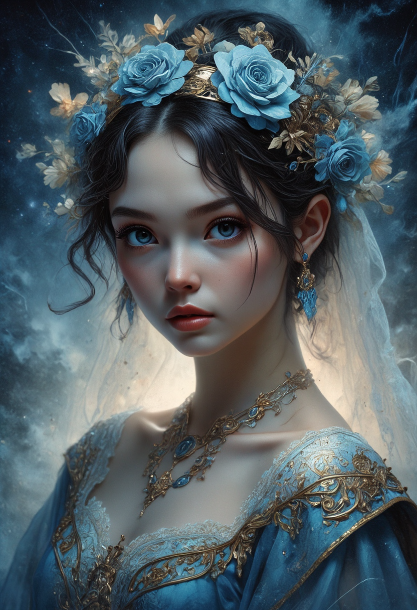 cinematic still hyperrealistic art A mesmerizing portrait capturing the essence of timeless beauty ----  Blue was her raiment as the unclouded heaven, but her eyes were as the starlit evening; her mantle was sewn with golden flowers, but her hair was as dark as the shadows of twilight. As the light upon the leaves of trees, as the voice of clear waters, as the stars above the mists of the world, such was her glory and her loveliness; and in her face was a shining light,
ethereal elf , fantasy
f<lora:Dever_Flux_Enhancer:0.85> <lora:Anime v1.3:1.3> . emotional, harmonious, vignette, highly detailed, high budget, bokeh, cinemascope, moody, epic, gorgeous, film grain, grainy