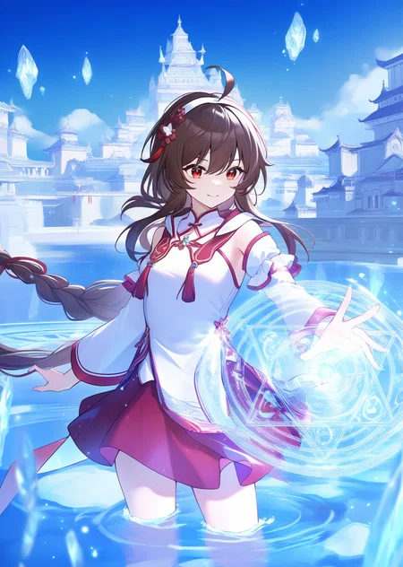 yuezheng ling,1girl,masterpiece,high quality,best quality,beautiful,beautiful detailed glow,detailed ice,beautiful detailed water,(magic circle:1.2),(floating palaces:1.3),cowboy_shot,