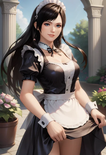 score_9, score_8_up, score_7_up, best quality, intricate details, source anime, rating explicit BREAK 1girl,
<lora:Kokoro_doa_v04-12:1.0> kokoro_doa, brown hair, long hair, black hair, blue eyes, hair rings,
maid, maid headdress, garden, standing, cowboy shot, skirt hold,
love gaze, parted lips, light smile