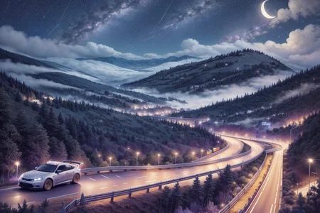 cars racing at night in mountains roadway scenario, near mist, cloudy starry night, Lavender moon <lora:add_detail:1> <lora:offset_0.2:1> <lora:DaVinciTech:0.4> <lora:KawaiiTech:0.6> <lora:DarkSpheraStyle:0.1>