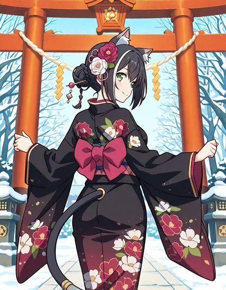 (karyl (new year),streaked hair,multicolored hair,black hair,white hair,hair bun,white hair flower,braid,bangs,green eyes,cat girl,animal ear fluff,cat ears,cat tail,black kimono,floral print kimono,obi,tail ornament,1girl,smile),day,New Year shrine visit, traditional Japanese temple, torii gate covered in snow, visitors wearing kimonos, winter sky, ringing the bell, incense smoke rising, hanging ema plaques, sacred ropes and white paper streamers, lanterns glowing softly, prayers being made, snow-covered stone lanterns, serene and respectful atmosphere,
(from behind:1.8) ,
looking at viewer,
medium breasts,
perky breasts,realistic proportions,natural looking breasts,explicit,hair between eyes,strong outlines,clean lineart,harsh lines,slim,curvy,(narrow waist:0.1), wide hips,thick thighs,detailed body,skindentation,matte skin,smooth skin,deep skin,soft brightness,detailed mouth,kawaii,moe face,
(anime screencap),(anime coloring:1.2),anime style, Japanese anime, cel-shading, clean lineart, vibrant colors, sharp facial features, 2D illustration, anime screencap style,anime background scenery,detailed linework,intricate details,(masterpiece,best quality,amazing quality),IllusP0s,(very aesthetic,absurdres:1.2),16k,highres,perfect hands,five fingers,detailed hands,
<lora:ããªã³ã»ã¹ã³ãã¯ãReDiveãã£ã«illustriousPrincess_Connect_ReDivekarylillustrious:1:0.8>