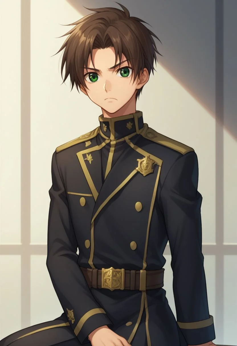 score_9, score_8_up, score_7_up, source_anime,
teito, 1boy, solo, male focus, green eyes, brown hair, uniform, school uniform, military uniform, black uniform, military, sit, frown,
indoor, sit,