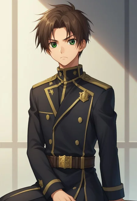 score_9, score_8_up, score_7_up, source_anime, 
teito, 1boy, solo, male focus, green eyes, brown hair, uniform, school uniform, military uniform, black uniform, military, sit, frown,
indoor, sit,