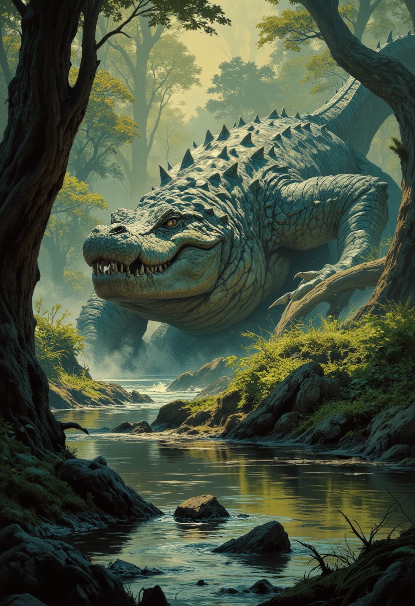 crocodile attacking, in a swamp, boris vallejo style, frank frazetta style, very detailed, masterpiece, full body, epic scene, Dungeons and dragons atmosphere, heroic fantasy, 8k, digital painting,