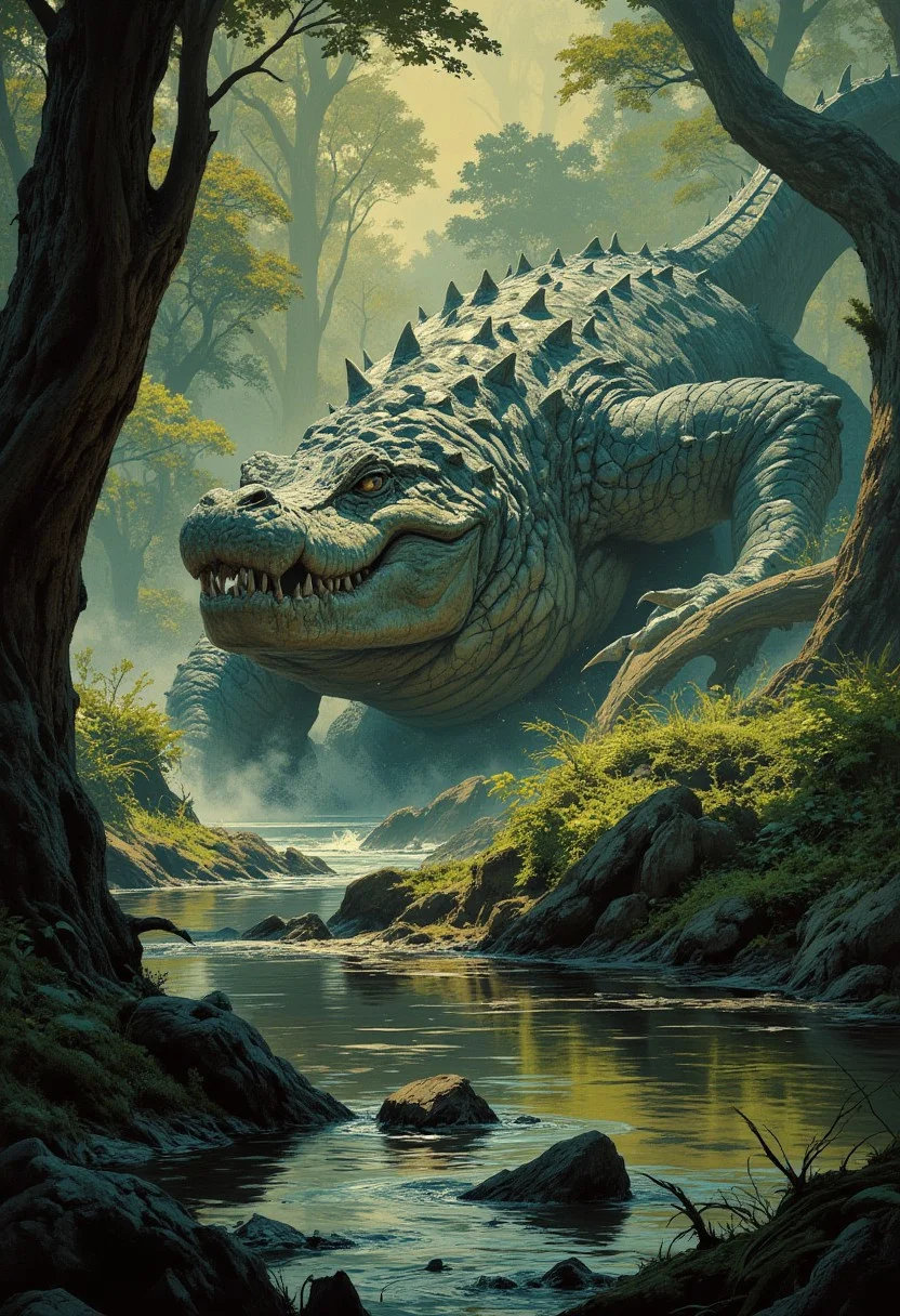crocodile attacking, in a swamp, boris vallejo style, frank frazetta style, very detailed, masterpiece, full body, epic scene, Dungeons and dragons atmosphere, heroic fantasy, 8k, digital painting,