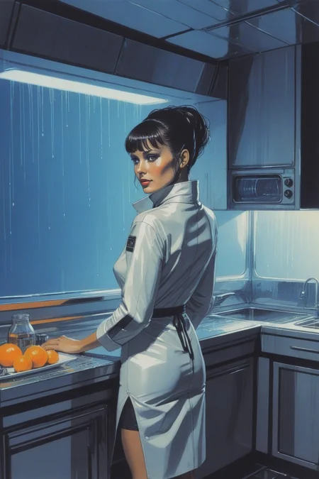 alcohol marker flat colors, drawing, portrait of a woman in retro futuristic kitchen, apron, rain, raining, 60s style, concept art by syd mead, blade runner, coat, night club, <lora:concept_art_syd_mead:0.75>