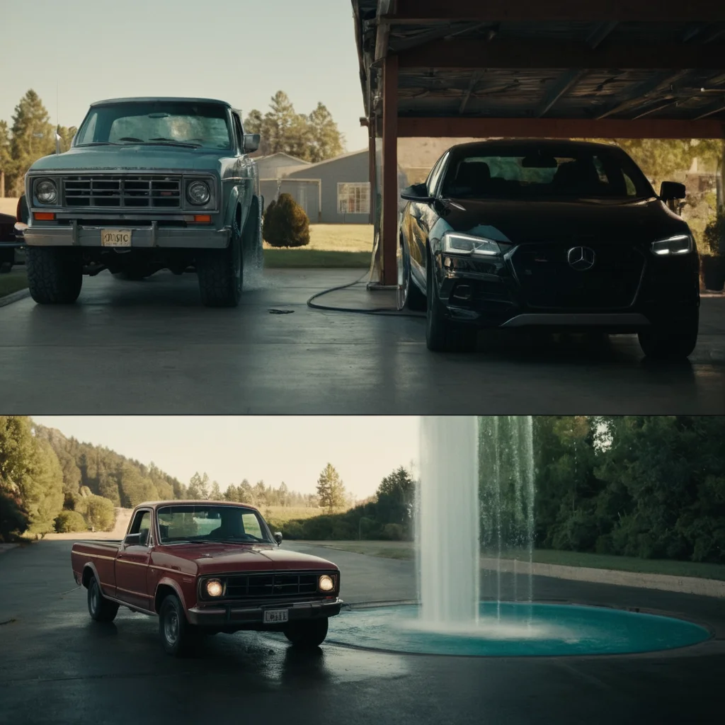 cinematic film still of <lora:Split Screen Style:1>
two different images of a truck is parked in a garage with a water fountain,next to a sports car, Split Screen Style,outdoors,no humans,sunlight,ground vehicle,scenery,motor vehicle,car,light,road,truck , division of the screen, half screen, several simultaneous images, shallow depth of field, vignette, highly detailed, high budget, bokeh, cinemascope, moody, epic, gorgeous, film grain, grainy