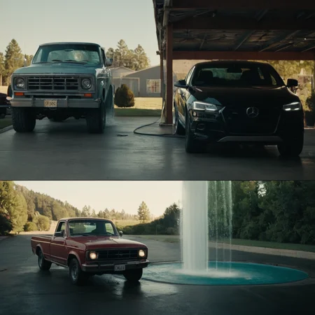 cinematic film still of <lora:Split Screen Style:1>
two different images of a truck is parked in a garage with a water fountain,next to a sports car, Split Screen Style,outdoors,no humans,sunlight,ground vehicle,scenery,motor vehicle,car,light,road,truck , division of the screen, half screen, several simultaneous images, shallow depth of field, vignette, highly detailed, high budget, bokeh, cinemascope, moody, epic, gorgeous, film grain, grainy