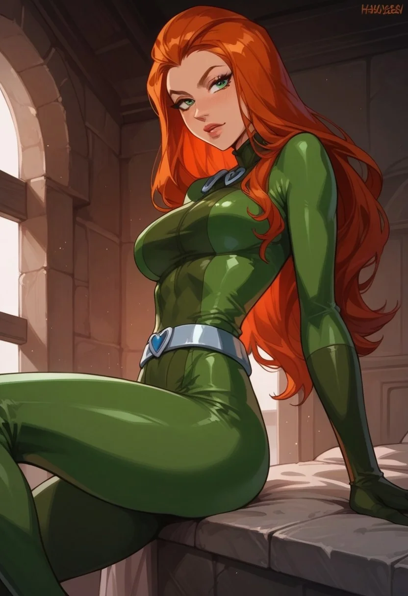 (score_9, score_8_up, score_7_up), fantasy,1girl, solo, sam \(totally spies\), orange hair, long hair, green eyes, green bodysuit, belt, large breasts, curvy, thick thighs, tight clothing, round ass, bubble butt, hips, thighs, athletic build,