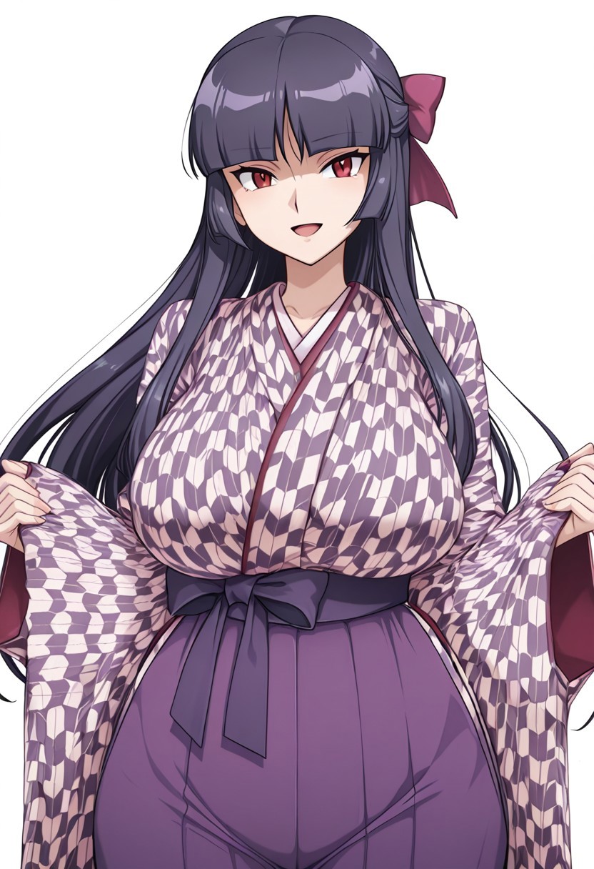 score_9,score_8_up,score_7_up,source_anime,5_figner,2d_animation,game cg,BREKE,1girl,solo,
zzSabrina, red eyes, long hair, blunt bangs, sabrina pokemon, purple hair, black hair, 
purple hakama,yagasuri,japanese clothes,kimono,long sleeves,hair ribbon,
smile,cowboyshot,openmouth,
huge breasts,thick hips,thick thighs,thick waist,disproportionate breasts,
curves,glamour,
simple background,white background,
masterpiece,best qualit,ultra-detailed,illustration,an extremely delicate and beautiful,beautiful detailed eyes,unity 8k wallpaper,high resolution,anime CG,official_art,Erotic_style, anime_coloring, anime_screencap,