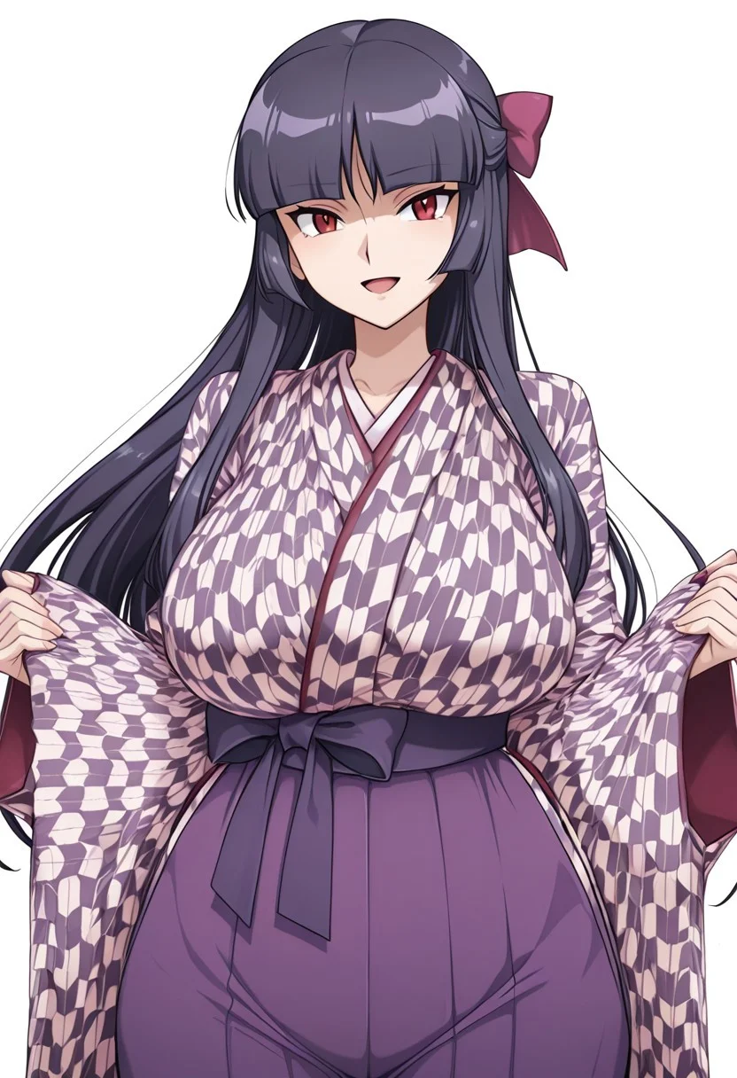 score_9,score_8_up,score_7_up,source_anime,5_figner,2d_animation,game cg,BREKE,1girl,solo,
zzSabrina, red eyes, long hair, blunt bangs, sabrina pokemon, purple hair, black hair,
purple hakama,yagasuri,japanese clothes,kimono,long sleeves,hair ribbon,
smile,cowboyshot,openmouth,
huge breasts,thick hips,thick thighs,thick waist,disproportionate breasts,
curves,glamour,
simple background,white background,
masterpiece,best qualit,ultra-detailed,illustration,an extremely delicate and beautiful,beautiful detailed eyes,unity 8k wallpaper,high resolution,anime CG,official_art,Erotic_style, anime_coloring, anime_screencap,