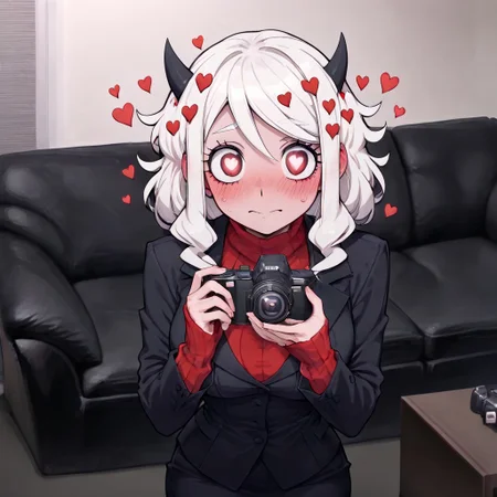 masterpiece, best quality, newest, absurdres, highres, anime, anime style, CCV1.0-IL, couch, black couch, casting couch, camera, 1girl, modeus (helltaker), white hair, horns, hearts, symbol shaped pupils,