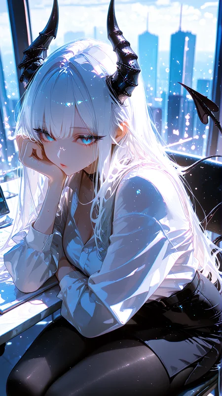 very aesthetic, 8k, volumetric lighting, depth of field, masterpiece, best quality, amazing quality, newest, absurdres, highres, detailed, ultra-detailed, ambiet occlusion, glow, shining, gradient color, model style, stylist, blum effect, particles, illustration, CG, raytracing, soft lighting, absolutely eye-catching, very awa, HDR, chromatic abberation,
BREAK.
detailed face, detailed body, long eyelashes, detailed eyelashes, detailed lips, detailed background, detailed foreground, dynamic angle,
BREAK.
close-up, office, sunny day, panoramic window, city landscape,
BREAK.
girl, curvy body, black smooth horns, tight white blouse, pencil skirt, black pantyhose, sweat, sitting on a chair, tired, bored, demon tail, looking at viewer, head rest,
<lora:Detailer_NoobAI_Incrs_v1:1>, <lora:NOOB_vp1_detailer_by_volnovik_v1:0.3>, <lora:noobai_ep11_stabilizer_v0.178_fp16:0.3>, <lora:ppw_v7_Illuv1.0_1_r2:0.5>, <lora:XXX477:0.4>, <lora:a31_style_koni:0.6>, <lora:ag31_style_ba_v1:0.5>, <lora:FINALE:0.8>
