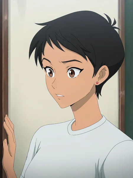 (masterpiece,best quality,newest,absurdres,highres),  L01sl4n3, 1girl, solo, short hair, black hair, brown eyes, white shirt, earrings,  <lora:Lois_Lane_IllustriousXL:0.8>