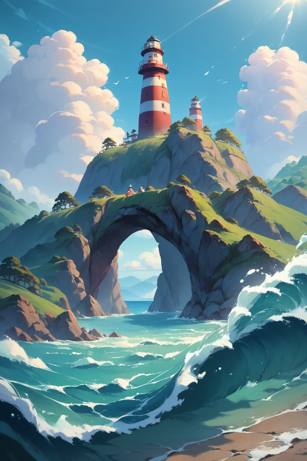 zPDXL, lighthouse, small rocky island, ocean waves, bright sunlight, studio ghibli, (score_9, score_8_up, score_7_up, score_6_up, score_5_up, score_4_up, high res, 4k)