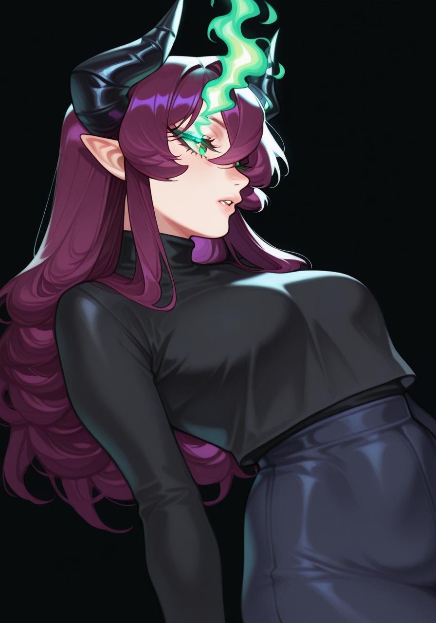 tora (par0llel), 1girl, backlighting, black background, black horns, black shirt, demon girl, demon horns, film grain, fire, flaming eye, green eyes, green fire, hair between eyes, horns, long hair, looking ahead, parted lips, pointy ears, portrait, purple hair, shirt, sidelocks, sideways mouth, simple background, solo, three quarter profile, turtleneck, turtleneck shirt, BREAK character_concept, cowboy_shot, (dutch_angle:1.25), masterpiece, best quality, amazing quality, very aesthetic, absurdres, modern, recent, newest, <lora:SaggyMILF_IL_Style_epoch_1:1> 5466yM1LF