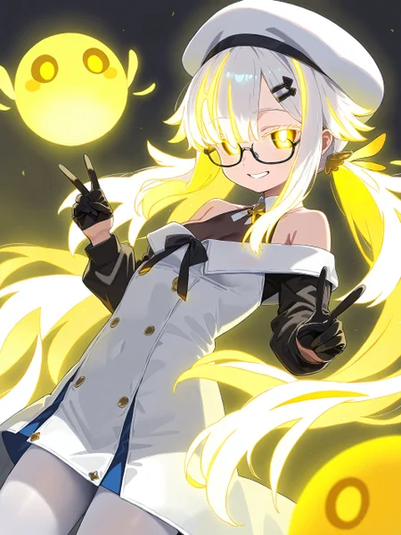 <lora:nai_ILL:0.8>,
<lora:Glowing_Spot_Color_-_Illustrious:0.6>, glowing eyes, streaked hair, glowing inner hair, glowing streaks,
fairy_knight_lancelot_(fate),1girl,solo,long_hair,breasts,looking_at_viewer,smile,open_mouth,bangs,hair_ornament,gloves,long_sleeves,hat,dress,bare_shoulders,twintails,very_long_hair,yellow_eyes,white_hair,pantyhose,small_breasts,glasses,black_gloves,hairclip,off_shoulder,white_dress,v,beret,white_headwear,white_pantyhose,half_gloves