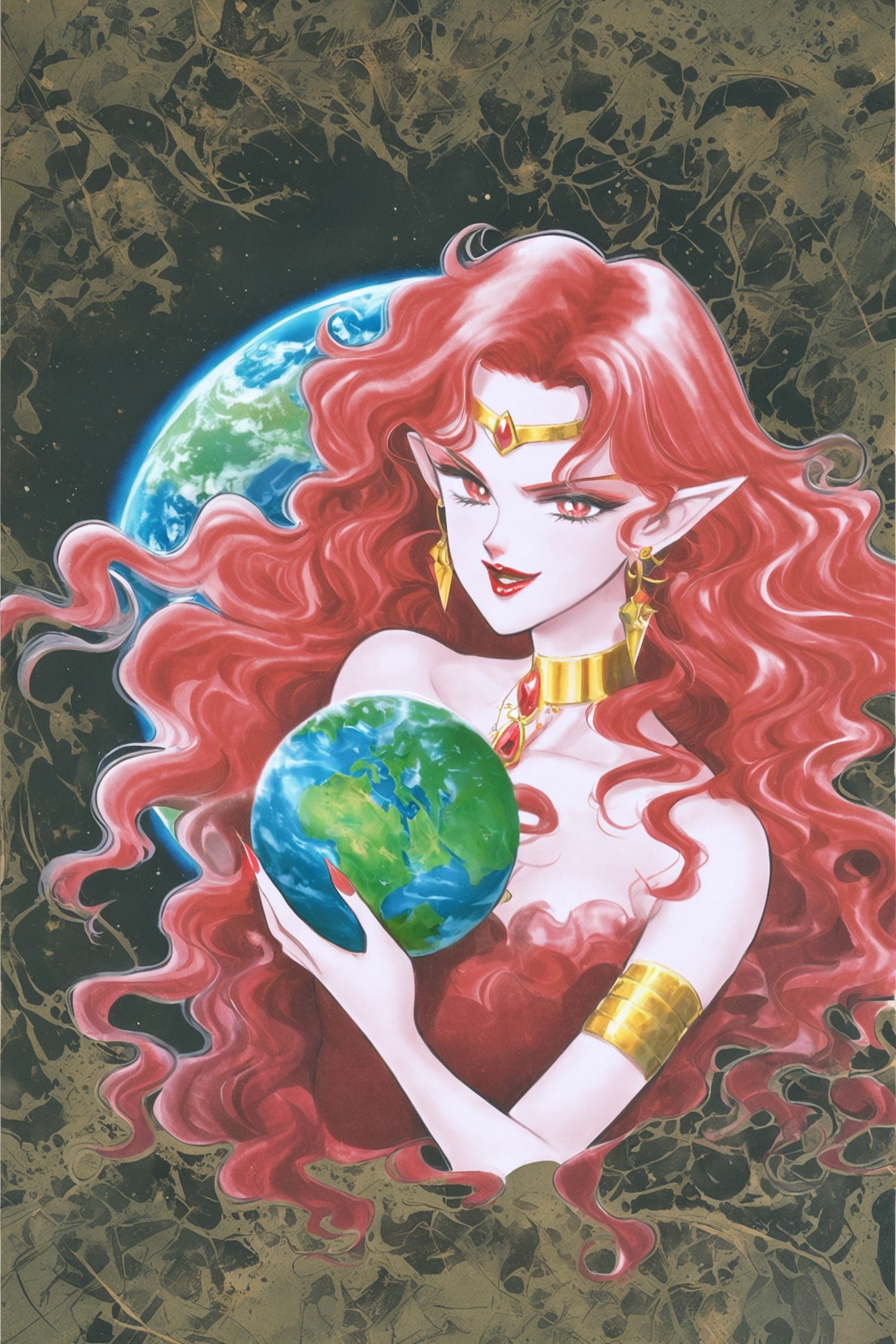 1girl,solo,long hair,red hair,jewelry,earrings,armlet,makeup,lipstick,long pointy ears,holding,red eyes,wavy hair,upper body,circlet,spikes,gem,long fingernails,evil smile,earth \(planet\),traditional media,
<lora:Takeuchi Naoko_XL:0.8>,