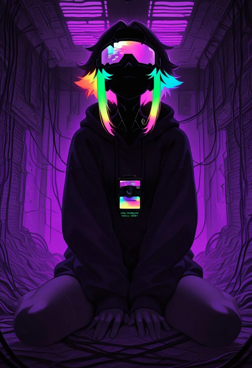 ajnblyst, 1girl, cyberpunk underworld portrait, neon rainbow hair glowing under UV light, solo, wearing a high-tech visor displaying encrypted data, oversized hoodie with glitch effects, sitting on a pile of cables and old tech, fluorescent green and purple lighting, underground server room filled with flickering screens, camera angle slightly tilted, cybernetic enhancements, cool-toned shadows and high-contrast highlights, dark and gritty cinematic look