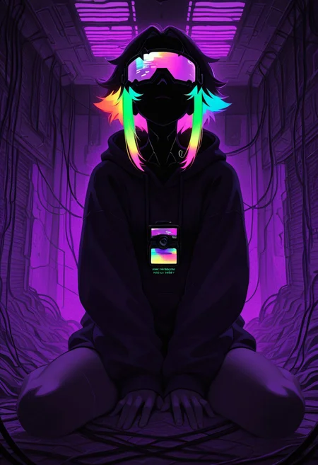 ajnblyst, 1girl, cyberpunk underworld portrait, neon rainbow hair glowing under UV light, solo, wearing a high-tech visor displaying encrypted data, oversized hoodie with glitch effects, sitting on a pile of cables and old tech, fluorescent green and purple lighting, underground server room filled with flickering screens, camera angle slightly tilted, cybernetic enhancements, cool-toned shadows and high-contrast highlights, dark and gritty cinematic look