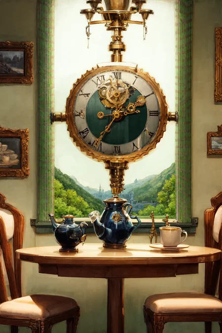 masterpiece, best quality, ultra-detailed, illustration, 1girl, solo, indoors, daytime, steampunk, clock, cafe, brown hair, top hat, goggles, corset, long skirt, boots, pocket watch, vintage, antique, brass, metal, gears, machinery, clockwork, clock tower, ornate, elegant, classic, sophisticated, refined, poised, contemplative, thoughtful, curious, mysterious, enigmatic, watchful, intelligent, bookish, coffee, cake, pastry, teapot, cup, saucer, table, chair, wallpaper, chandelier, window, sunlight, shadow, contrast, perspective, depth, texture, detail, realism, impressionistic, expressionistic, abstract, surrealistic, innovative, experimental, unique, atmosphere, ambiance, mood, nostalgia, historical, cultural, technological, industrial, fantasy, imagination, creativity, artistry, craftsmanship, skill, precision, detail, composition, balance, harmony, rhythm, color, light, shadow, reflection, refraction, tone, contrast, foreground, middle ground, background, vanishing point, horizon line, focal point, naturalistic, figurative, representational.