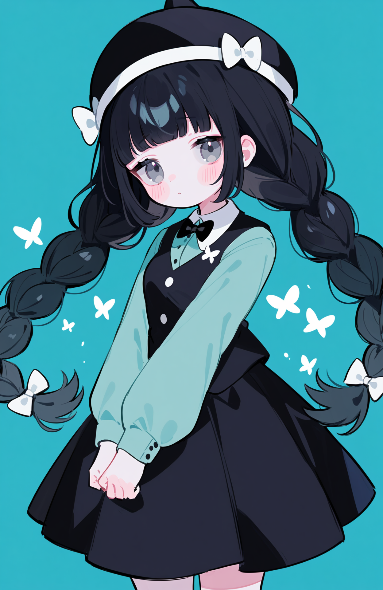 1girl,solo,long hair,hat,bow,bug,long sleeves,twin braids,blunt bangs,butterfly,hair bow,skirt,shirt,looking at viewer,grey eyes,braid,black headwear,black skirt,multiple hair bows,aqua background,blush,black bow,vest,very long hair,aqua theme,black hair,dress,blue background,buttons,
<lora:Lovely-000036:0.6>,